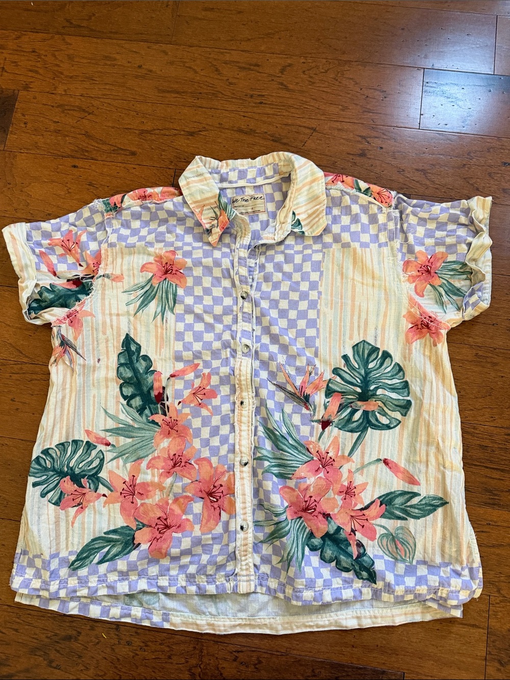 We the Free floral, checkered,stripe print blouse- large